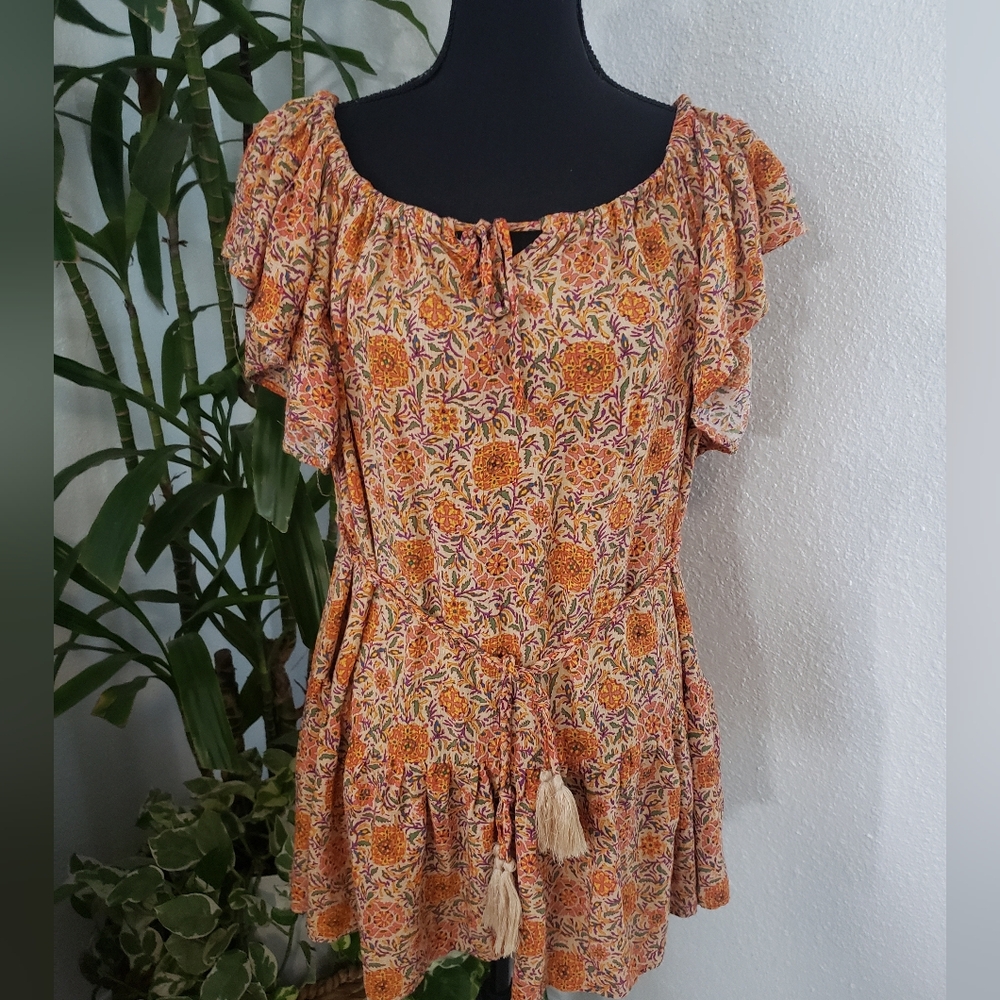 Rachel Zoe Boho Orange and Cream Floral Tunic Size S